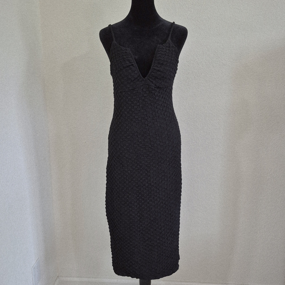 Textured Black Midi Dress with V-Neck - Women's
